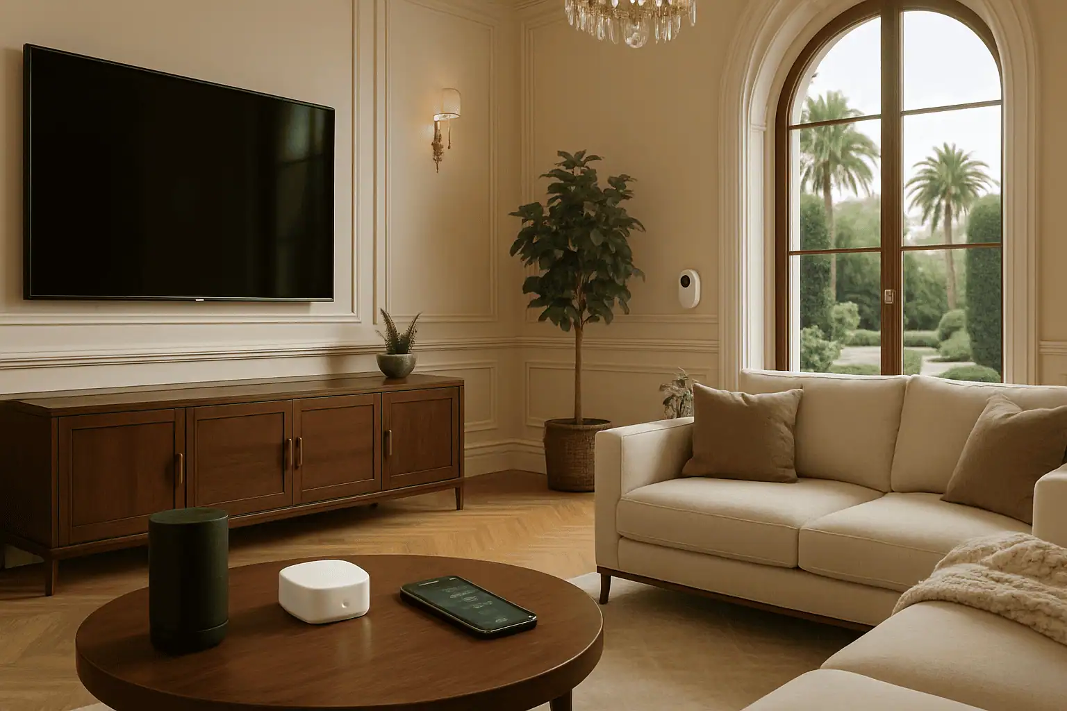 Modern living room featuring a large flat-screen TV, smart home devices on a round coffee table, elegant furnishings, and a view of greenery through a large window, illustrating advanced smart home features for London homeowners.